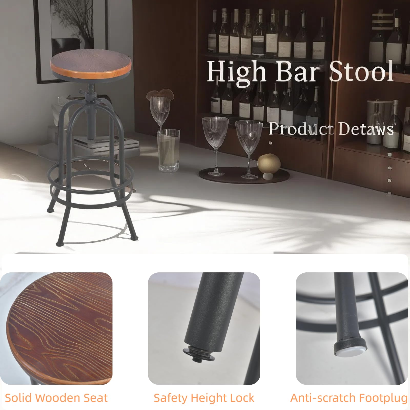 Amazon.com: BOKKOLIK Set of 2-Industrial Bar Stool-Retro 26-32.3